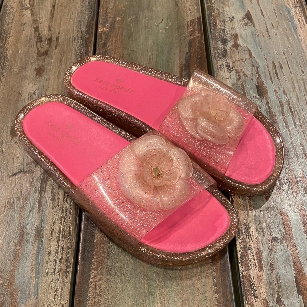 Kate Spade Splash Glitter Pink Slides Sandals 3D Floral Rosettes Logo Size 9 - Picture 2 of 9
